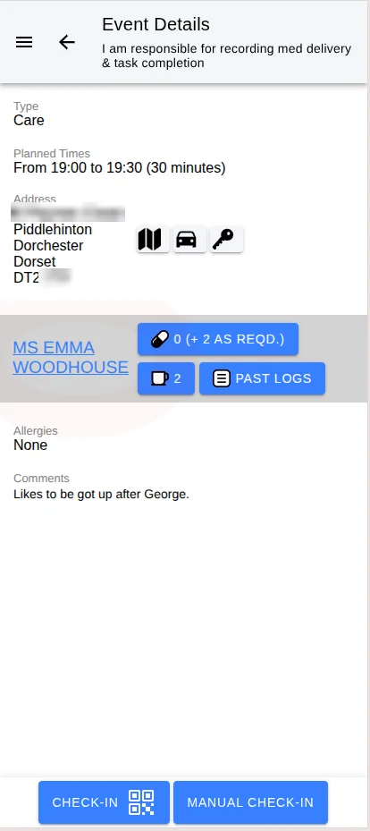 A visit in the care worker app, showing the client, planned times, medication due and check-in buttons